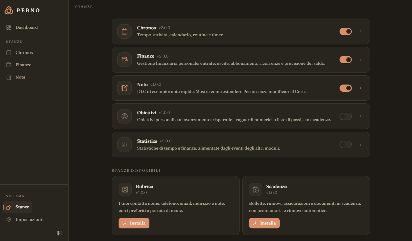 Pannello Stanze per attivare o installare i moduli